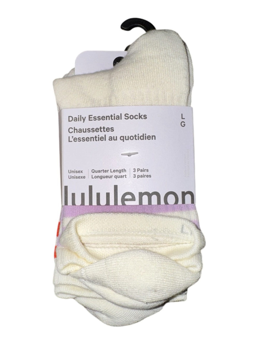 Lululemon Daily Essential Quarter Socks 3 Pack Ivory L NWT